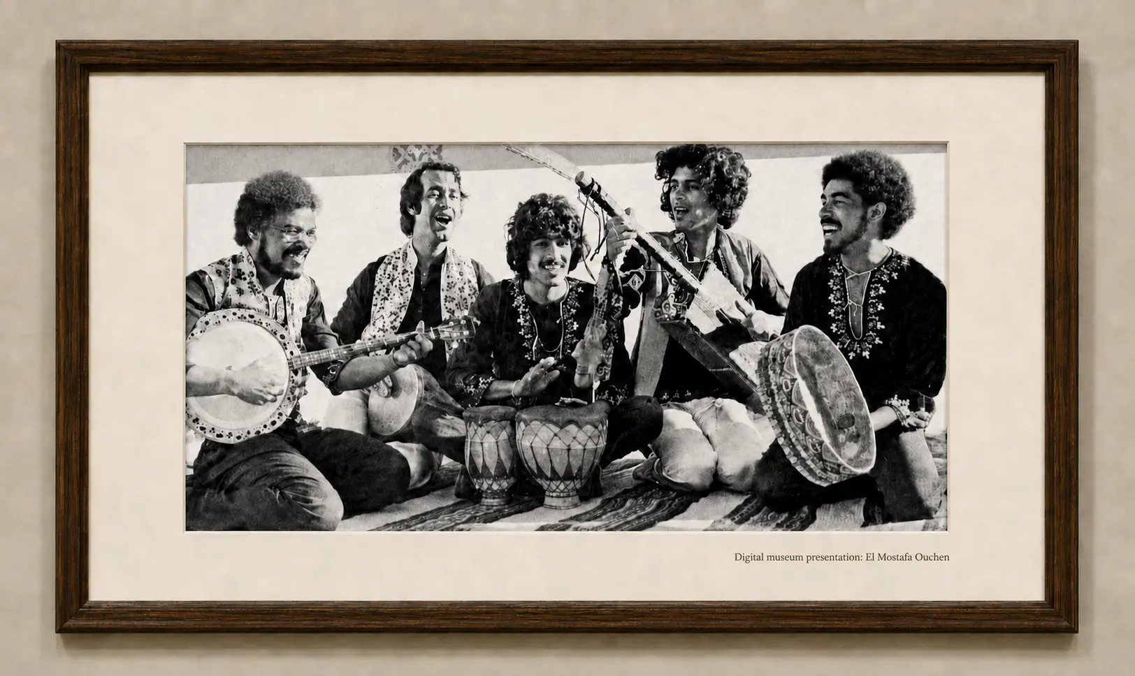 Nass El Ghiwane seated with instruments